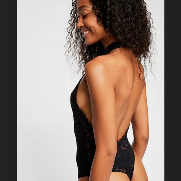 Free People Black Lace Semi Halter Miley Bodysuit - Picture 3 of 13